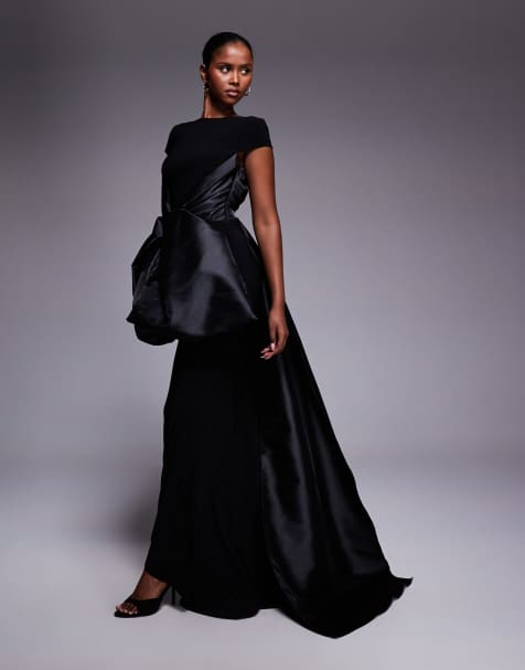 ASOS DESIGN Premium maxi dress with satin contrast bow front and train in black - view 1