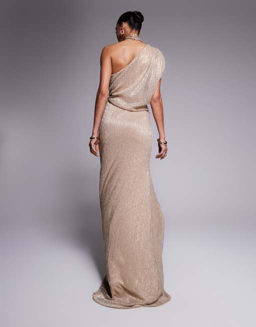 ASOS DESIGN - Premium maxi jurk met blote schouder en afwerking in metallic goud, 3 van 4