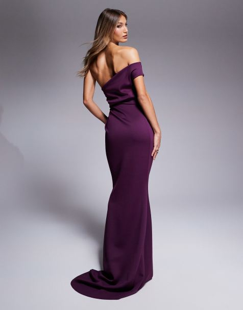 ASOS DESIGN - Premium - Maxi-jurk met blote schouders en plooidetail schuin over het lijfje in pruimenpaars - view 1