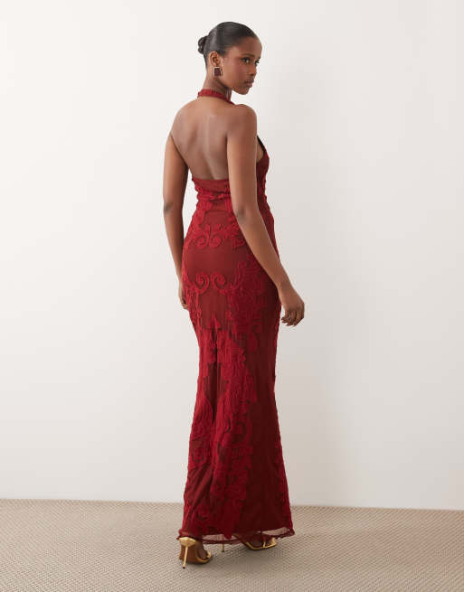 ASOS DESIGN - Premium - Maxi jurk met halternek en geborduurde applicaties in rood , 3 van 4