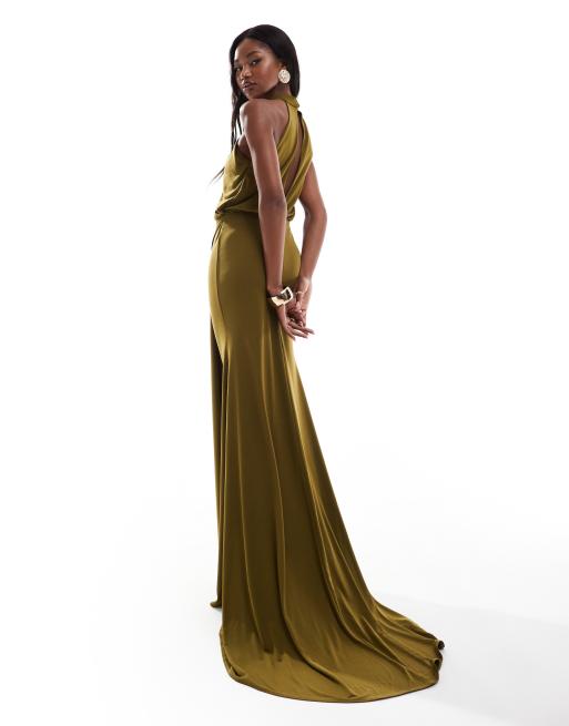 ASOS DESIGN - Premium maxi-jurk met halternek en gerimpelde sjerp in donkergroen, 3 van 4