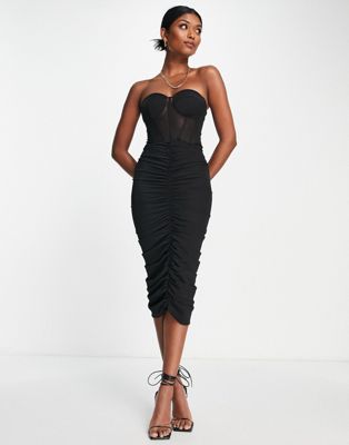 ASOS DESIGN premium mesh bandeau corset ruched midi dress in black