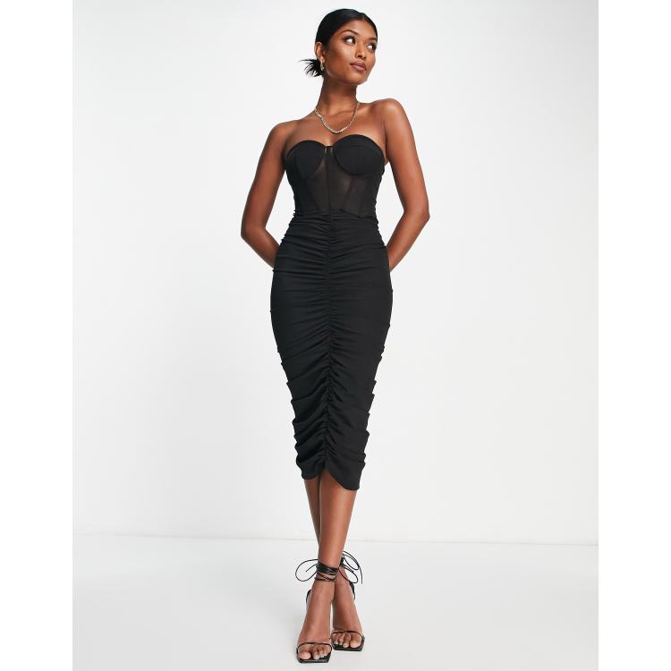 Black strapless mesh corset midi dress