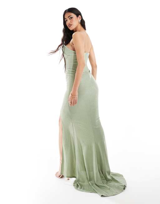 Emerald green bandeau folded detail extreme split maxi dress hotsell