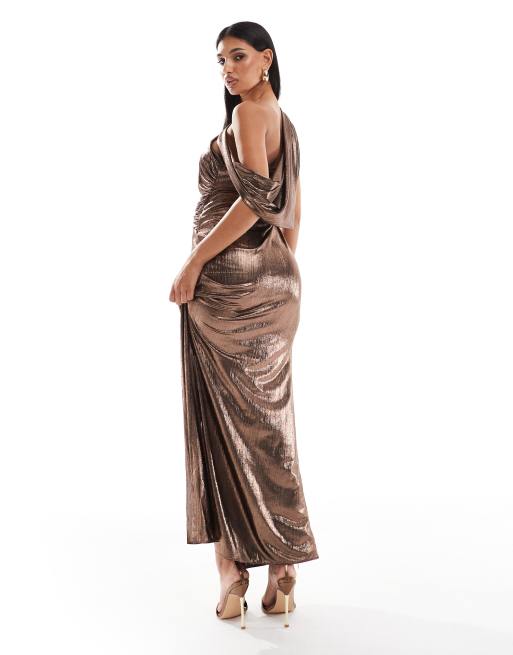 ASOS DESIGN premium metallic draped shoulder maxi dress in