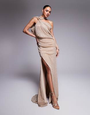 Asos Design Premium Metallic One Shoulder Trim Maxi Dress In Gold