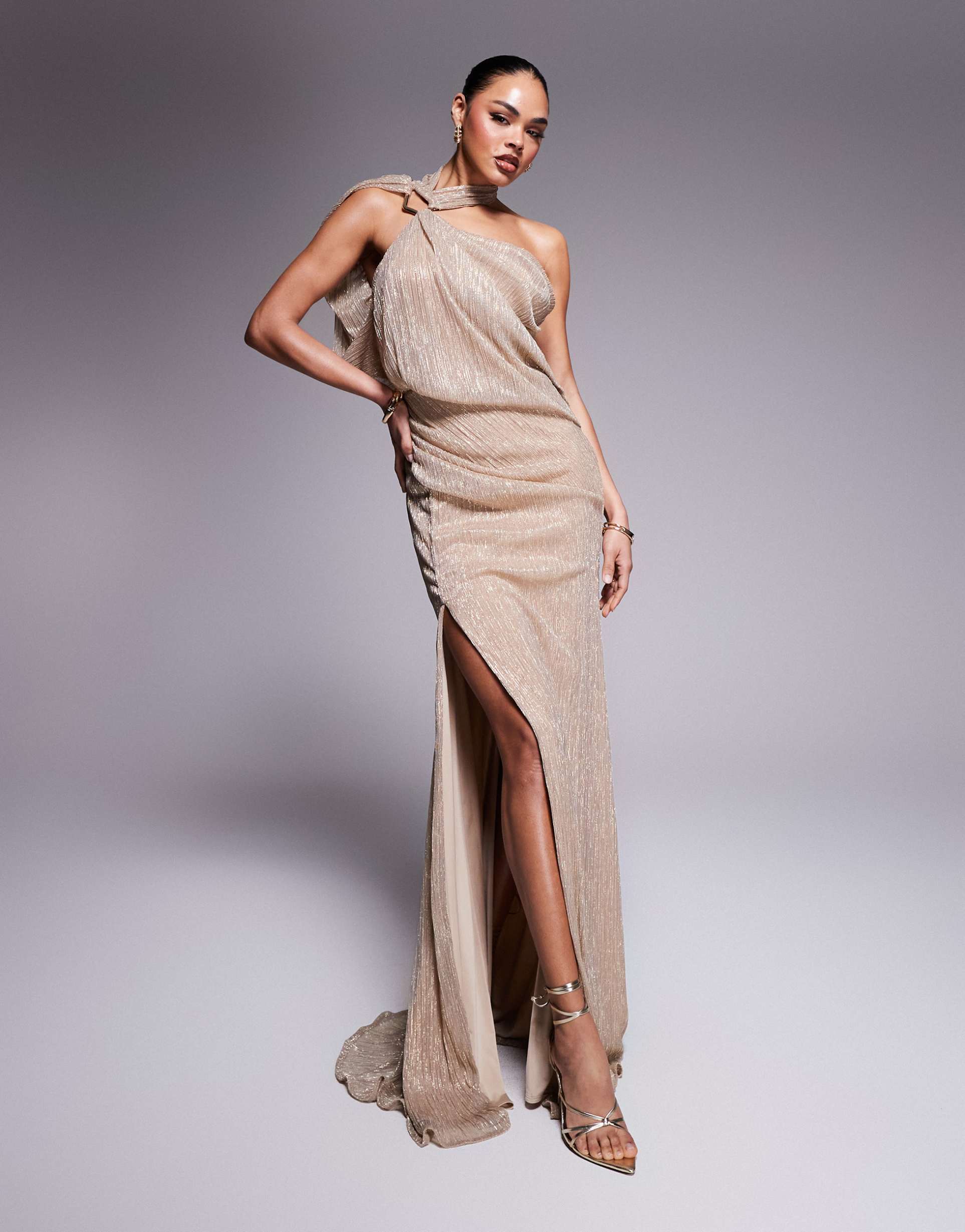 asos design premium metallic one shoulder trim maxi dress in gold