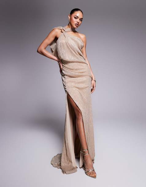 ASOS DESIGN premium metallic one shoulder trim maxi dress in gold