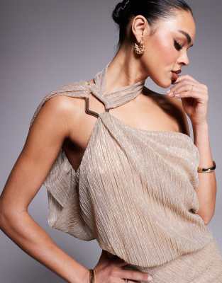 Asos Design Premium Metallic One Shoulder Trim Maxi Dress In Gold
