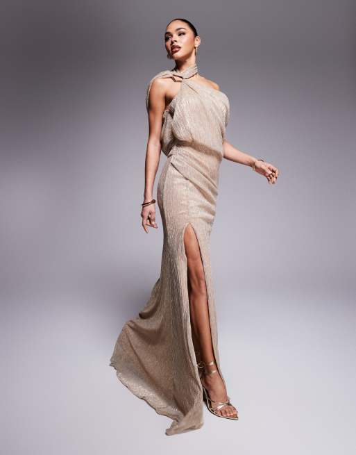ASOS DESIGN premium metallic one shoulder trim maxi dress in gold