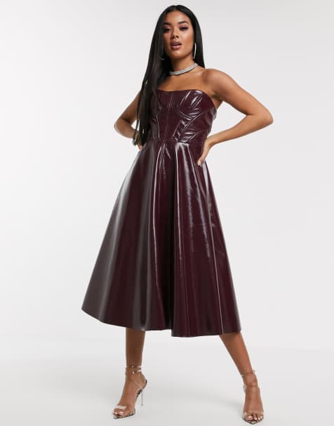 ASOS DESIGN Premium – Midi-Ballkleid aus Vinyl im Korsettstil mit Bahnendesign