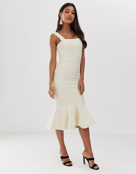 ASOS DESIGN Premium – Midi-Bleistiftkleid mit Bandagendesign, rundgezackten Details und Schößchensaum