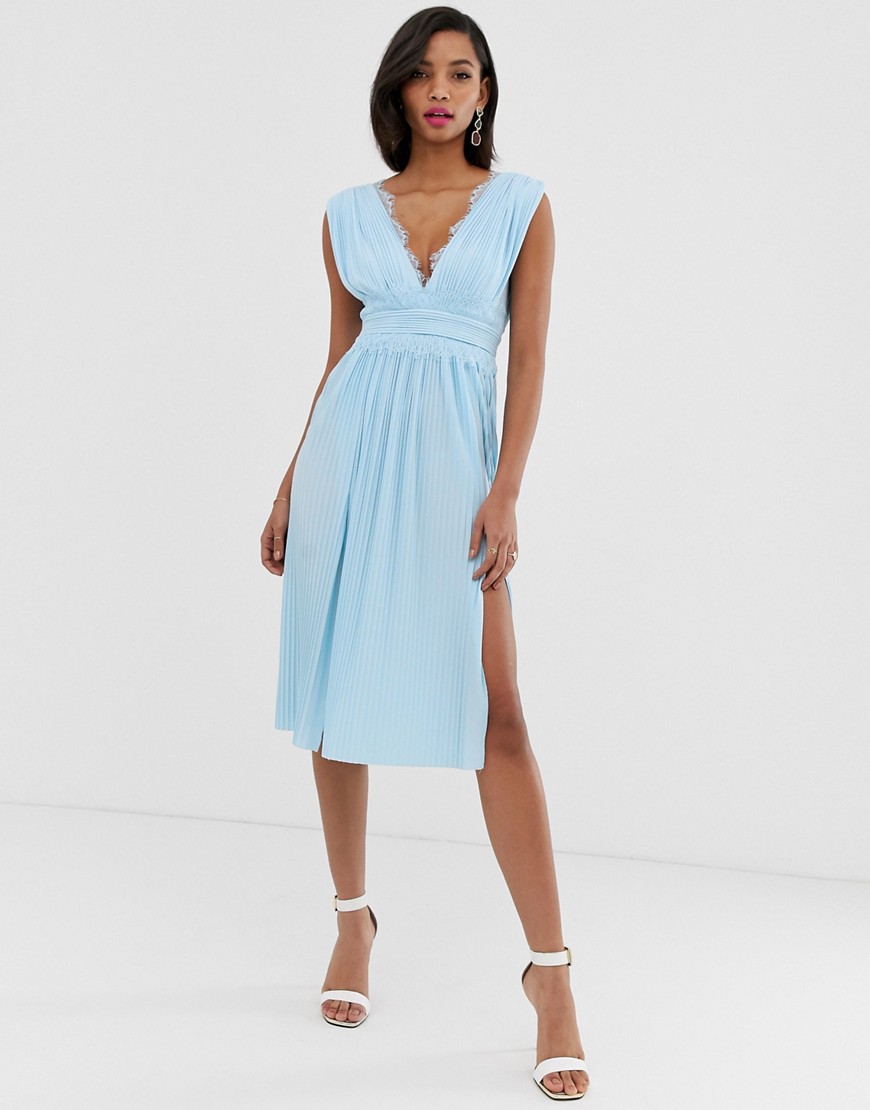 ASOS DESIGN - Premium midi-jurk met plooien en kanten inzetstuk-Blauw
