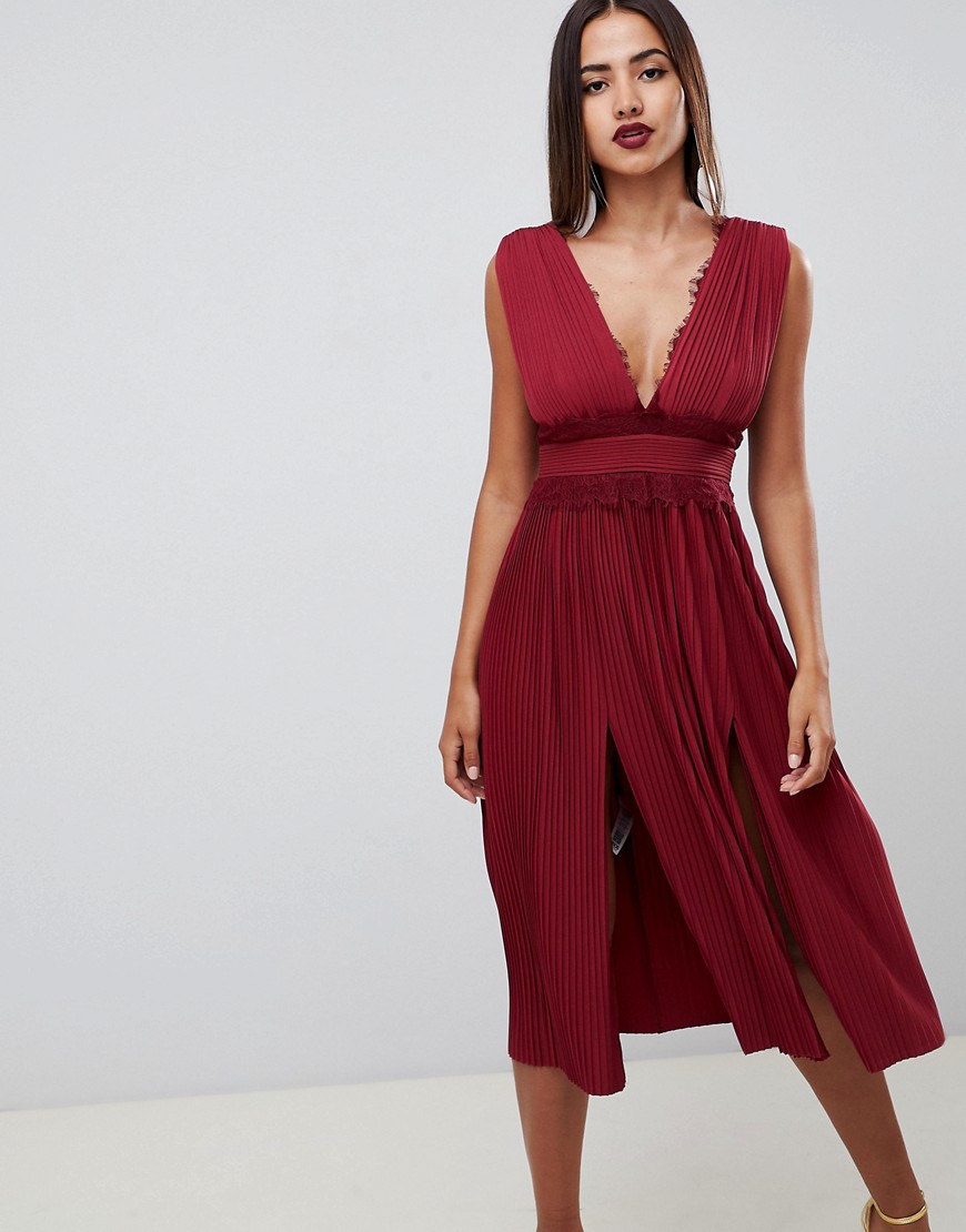 ASOS DESIGN - Premium midi-jurk met plooien en kanten inzetstuk-Rood