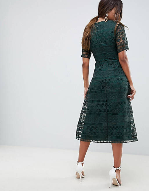 ASOS Kant Premium Kanten Midi-jurk Met Ruches in het Blauw Dames Kleding voor voor Jurken voor Casual jurken 