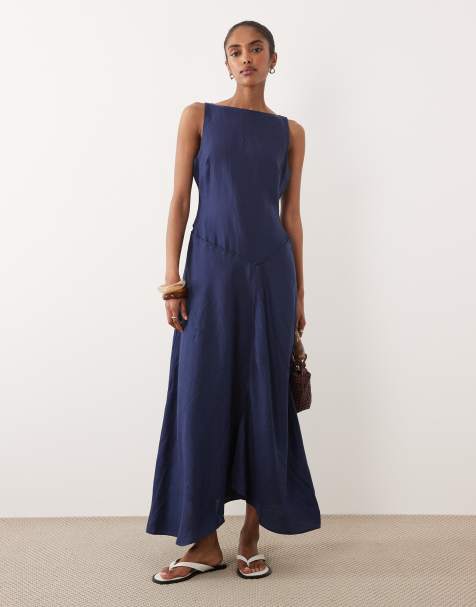 ASOS DESIGN – Premium – Midikleid aus 100% Leinen in Marineblau mit U-Boot-Ausschnitt, asymmetrischer tiefer Taille und Zipfelsaum - view 1