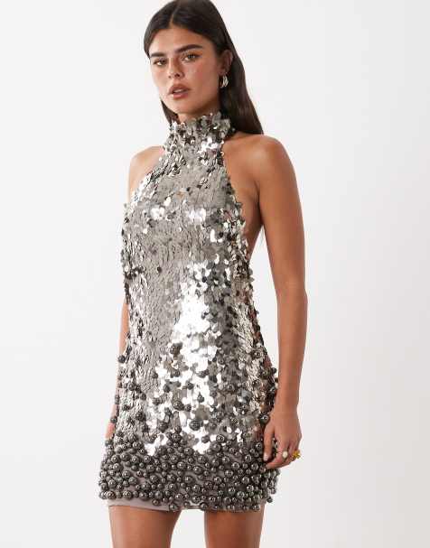 ASOS DESIGN premium mini dress halter con paillettes e orlo 3D in argento canna di fucile - view 1