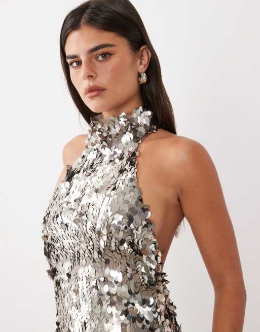 ASOS DESIGN premium mini dress halter con paillettes e orlo 3D in argento canna di fucile, 4 di 4