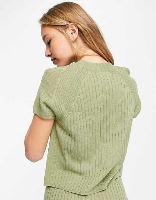 ASOS DESIGN - Premium - Mix en Match - Geribbeld gebreid lounge T-shirt in kaki, 2 van 4