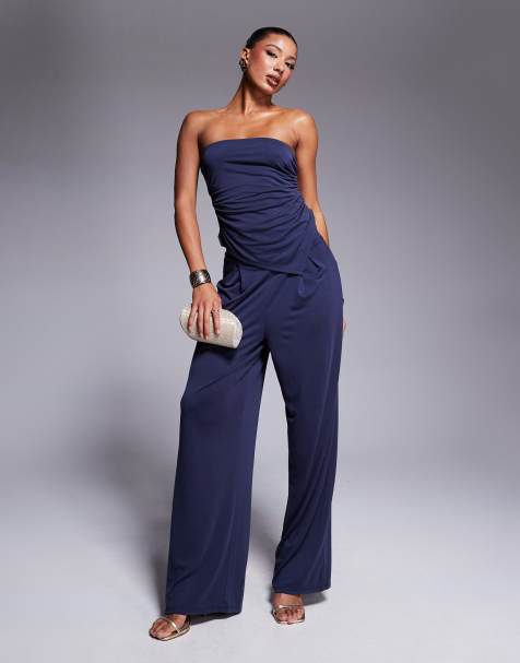 ASOS DESIGN premium modal bandeau top and wide leg pants set in ink - view 1
