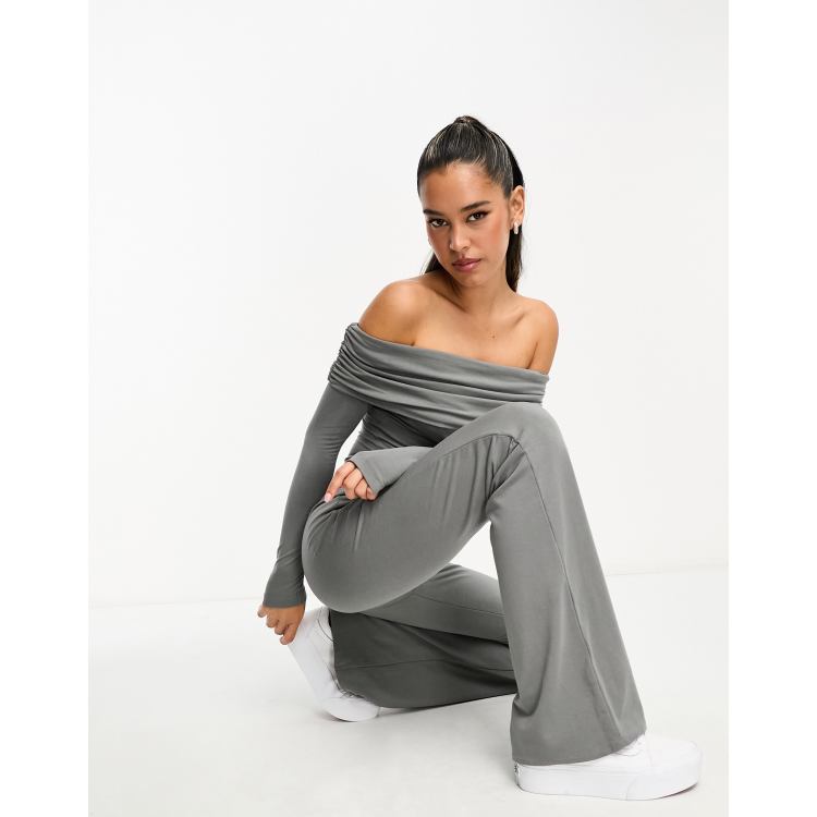 ASOS DESIGN Curve Edit holding power rib flare trousers in dark grey