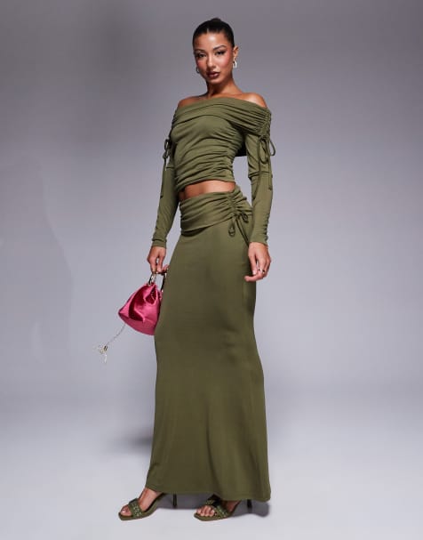 ASOS DESIGN premium modal fold over waist fishtail maxi skirt with side ruching in olive - view 1