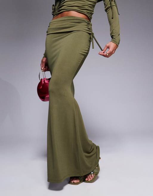 ASOS DESIGN premium modal fold over waist fishtail maxi skirt with side ruching in olive