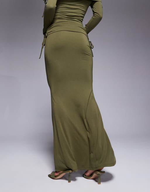 ASOS DESIGN premium modal fold over waist fishtail maxi skirt with side ruching in olive