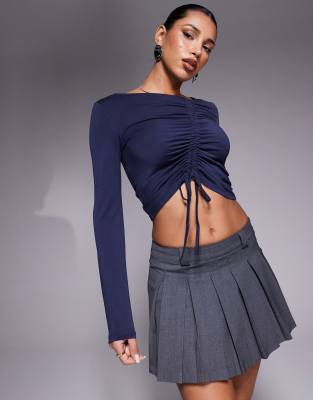 Asos Design Premium Modal Off Shoulder Ruched Long Sleeve Top In Ink - Mblue In Blue