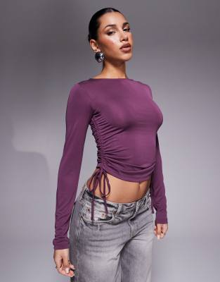 Asos Design Premium Modal Off-shoulder Ruched Long Sleeve Top In Burgundy-red