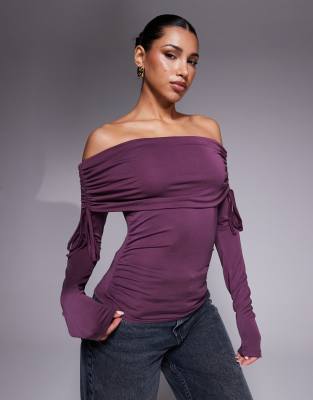 premium modal off-shoulder ruched long sleeve top in burgundy-Red