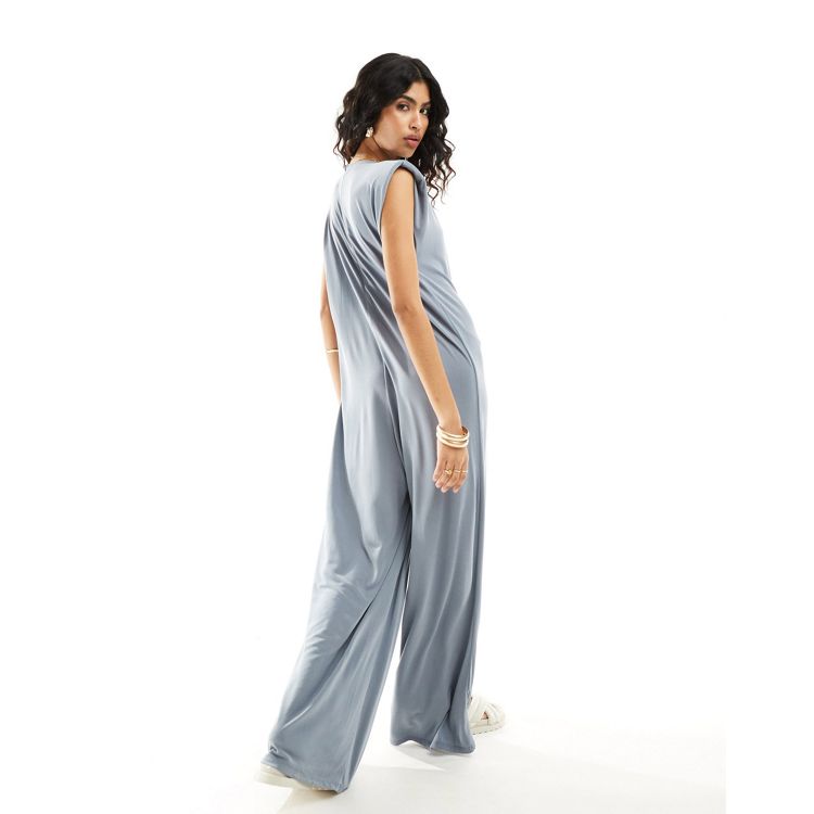 ASOS DESIGN premium modal sleeveless oversized jumpsuit with shoulder pads  in gray