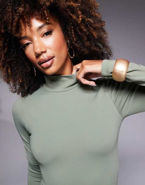 ASOS DESIGN Premium – Modelujące body z długim rękawem i zabudowanym dekoltem w kolorze khaki - view 1
