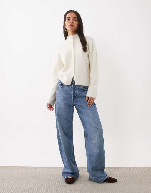 ASOS DESIGN premium mohair blend high neck cardigan in cream, 3 of 4