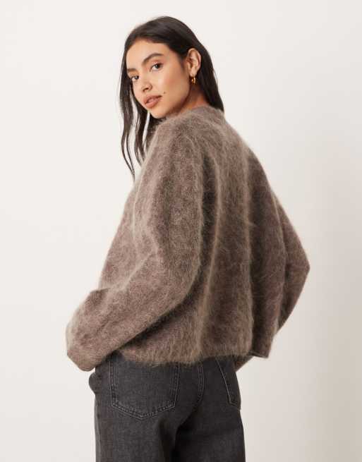 ASOS DESIGN premium mohair-blend wide sleeve jumper with v-neck in mocha, 4 of 4