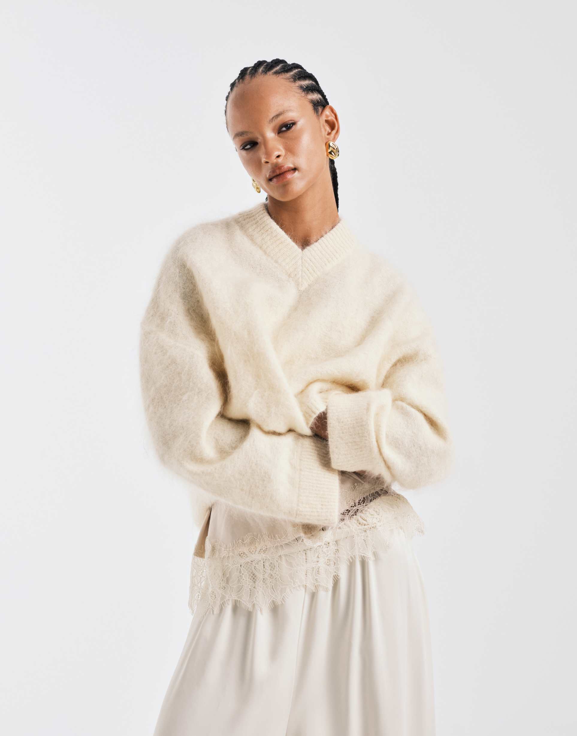 asos design premium mohair blend wide sleeve sweater with v neck in buttermilk