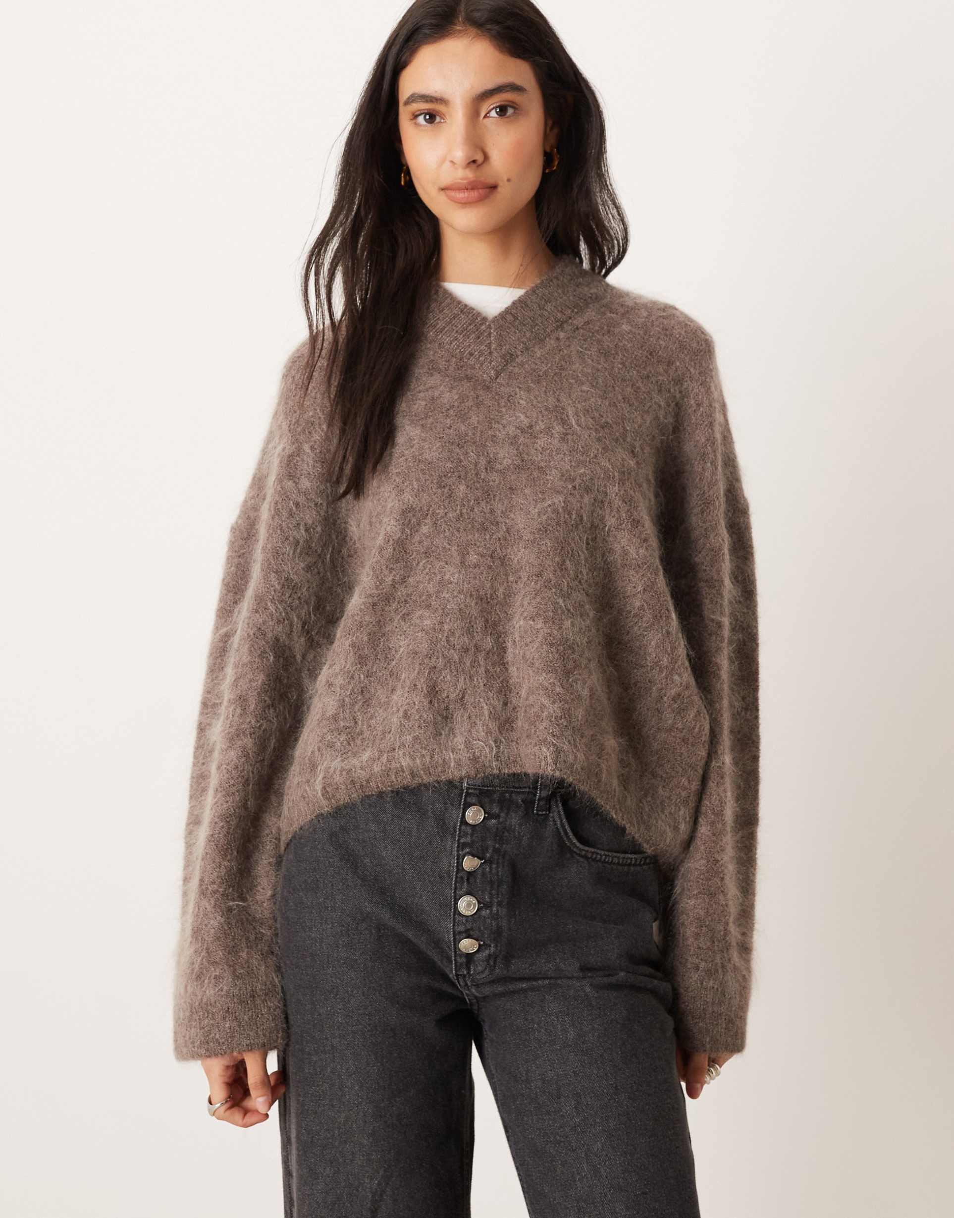 asos design premium mohair wide sleeve sweater with v neck in mocha