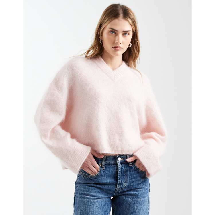 ASOS DESIGN premium mohair wide sleeve sweater with v neck in pink