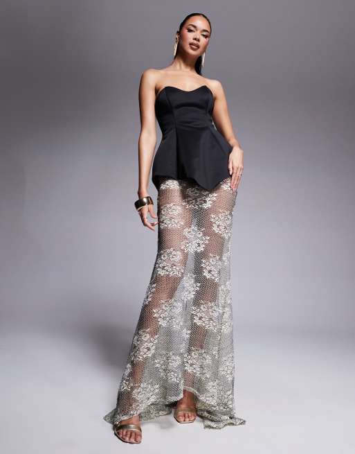 ASOS DESIGN premium molded scuba dress with lace maxi skirt in black