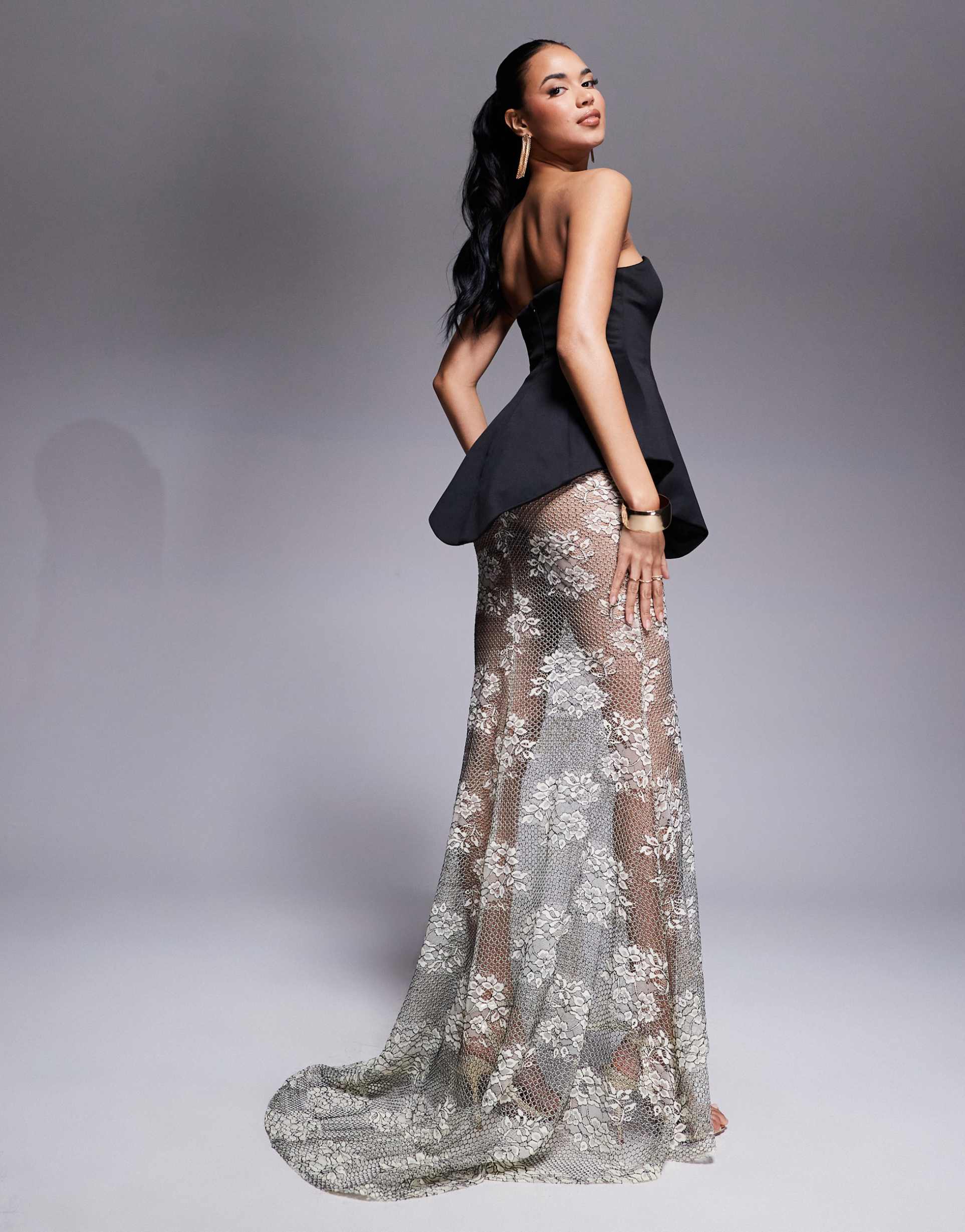 asos design premium molded scuba dress with lace maxi skirt in black