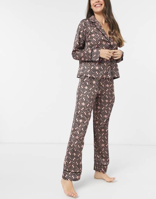 ASOS DESIGN premium monogram traditional satin shirt and pants pyjama set in brown
