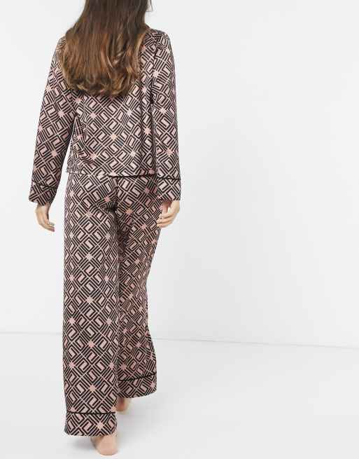 ASOS DESIGN premium monogram traditional satin shirt & pant pajama