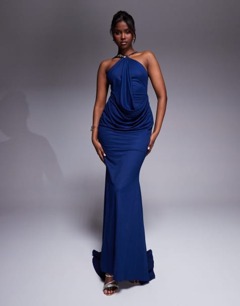 ASOS DESIGN – Premium – Mörkblå maxiklänning i linne och jersey med halterneck, flerfärgad kantdetalj och släp - view 1