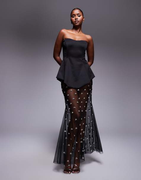 ASOS DESIGN premium moulded  dress with embellished maxi skirt in black in scuba-style fabric - view 1
