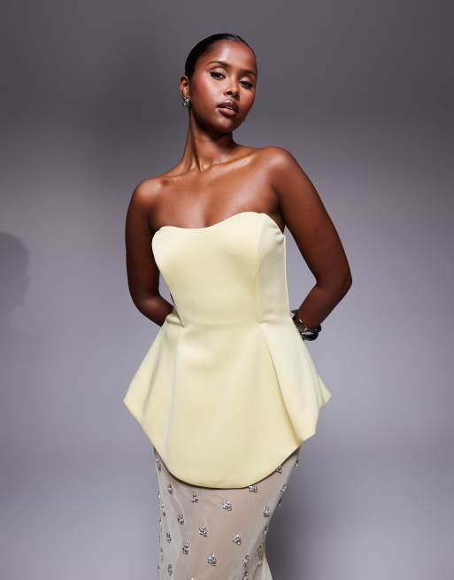 ASOS DESIGN premium moulded  dress with embellished maxi skirt in butter yellow in scuba-style fabric