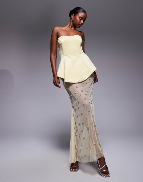 ASOS DESIGN Premium moulded dress with embellished maxi skirt in butter yellow scuba-style fabric - view 1