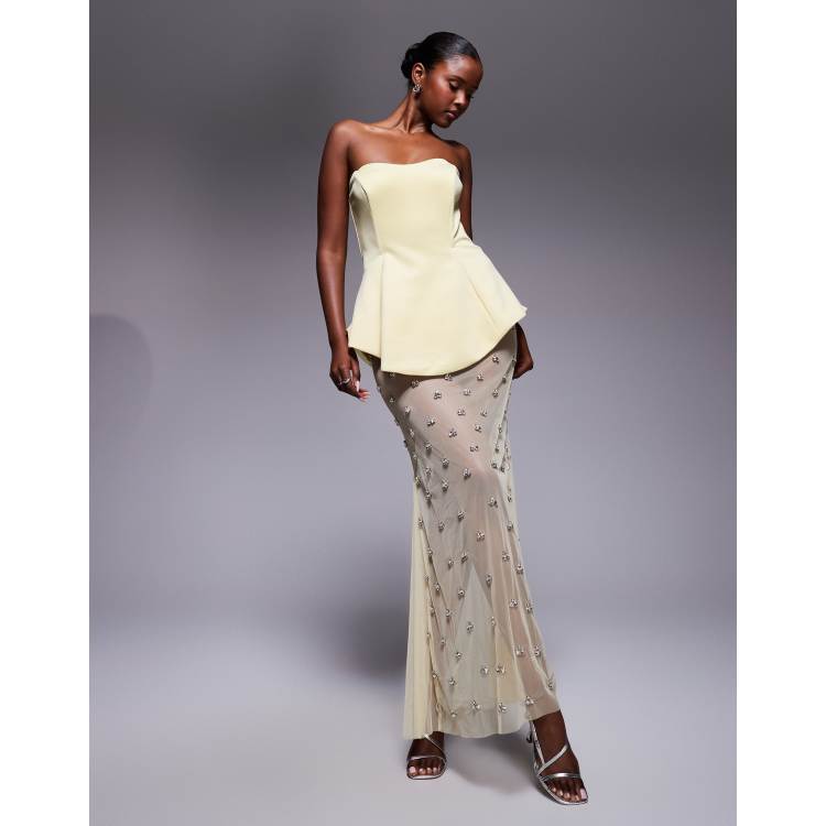 ASOS DESIGN Premium moulded dress with embellished maxi skirt in butter  yellow scuba-style fabric | ASOS