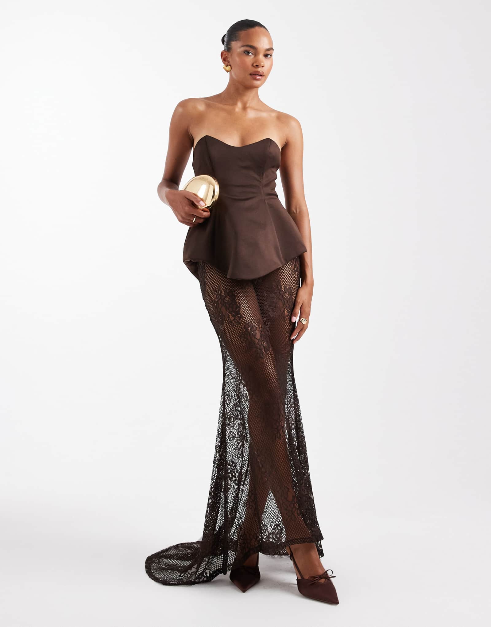 Модельное платье премиум-класса ASOS DESIGN с кружевной юбкой макси коричневого цвета из ткани в стиле скуба