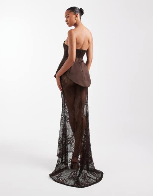 ASOS DESIGN premium moulded  dress with lace maxi skirt in brown in scuba-style fabric