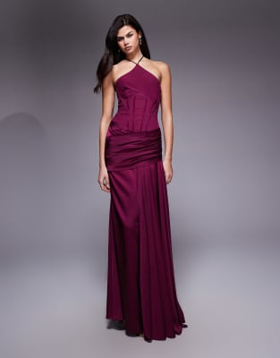 ASOS DESIGN - Premium - Neckholder-Maxikleid in Pflaume mit Korsettdetail, Schwalbenschwanz und Drapierung-Lila